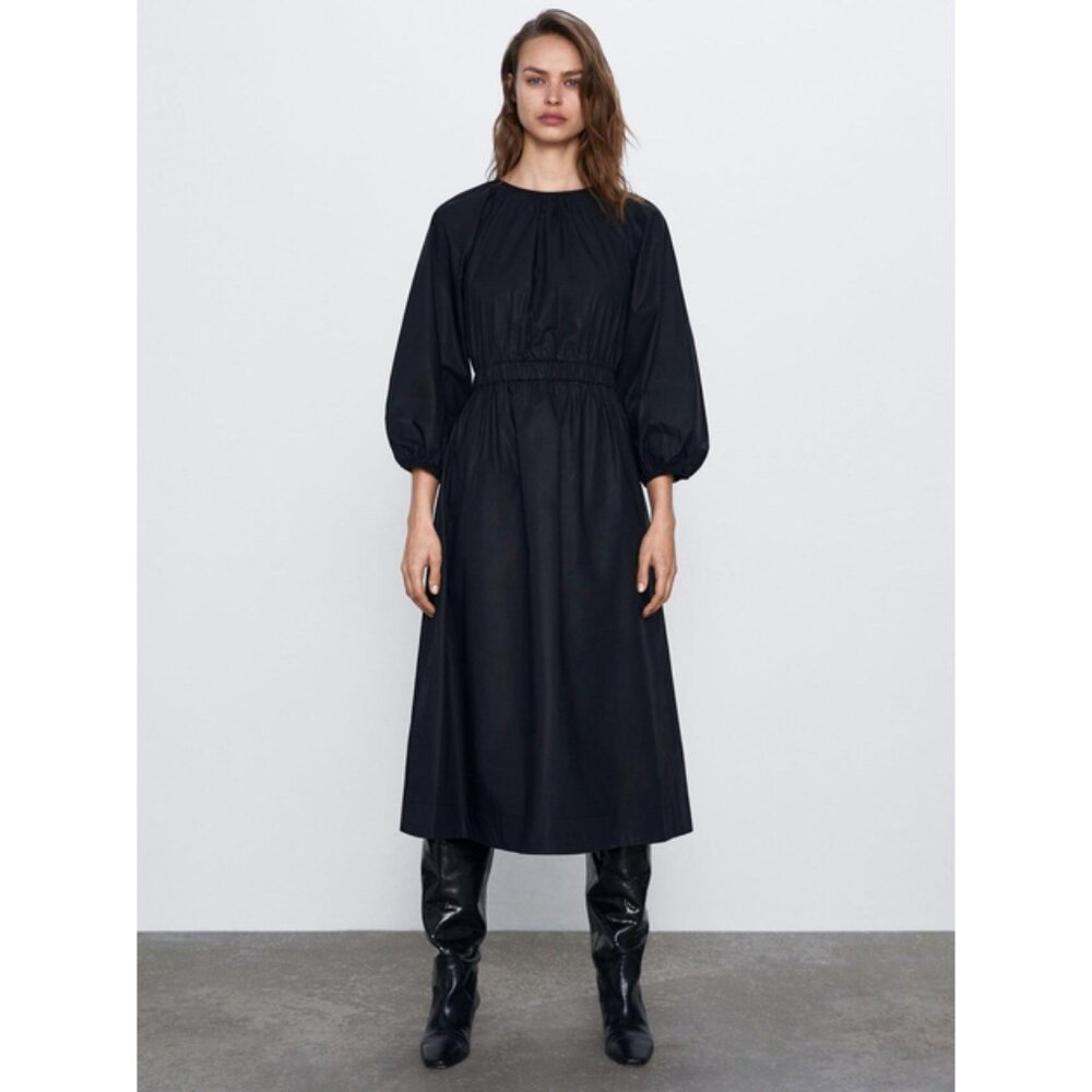 NWOT ZARA BLACK L/S BACK CUT OUT POPLIN DRESS, SIZE: XS